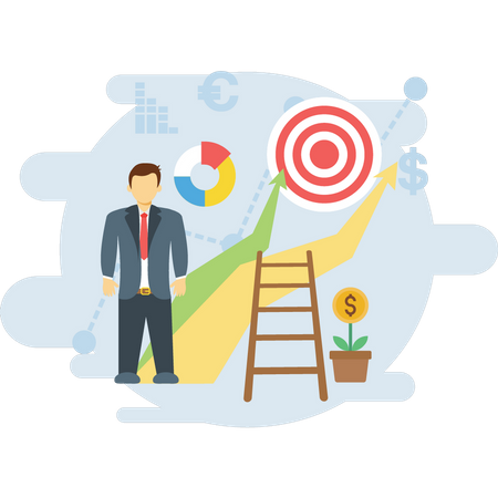 Businessman climbing stairs towards goal  Illustration