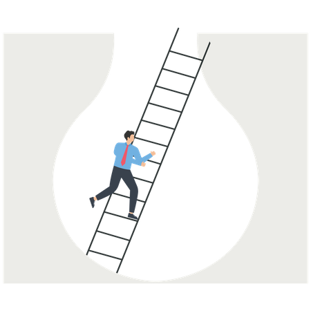 Businessman climbing success stairs with business ideas  Illustration