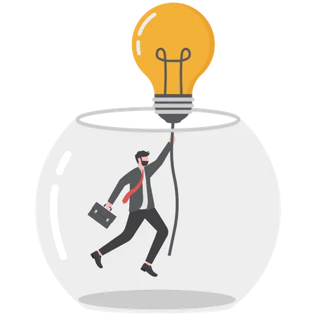 Businessman climbing the rope from light bulb idea to escape prison fish bowl  Illustration