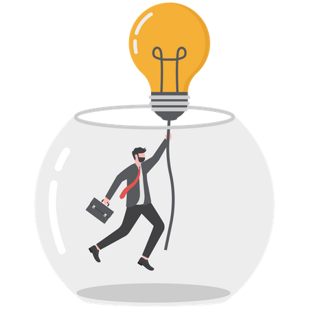 Businessman climbing the rope from light bulb idea to escape prison fish bowl  Illustration