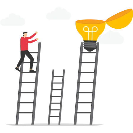 Businessman climbing the wrong ladder to achieve the lightbulb idea  Illustration