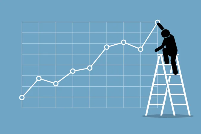 Businessman climbing up on a ladder to adjust an uptrend graph chart on a wall  Illustration