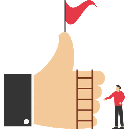 Businessman Going Up The Ladder To Achieve Thumbs Up Achievement Successful Journey To Get Positive Feedback Employee Or Customer Satisfaction Concept High Performance Evaluation Or Review Good Job Illustration