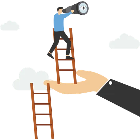 Businessman climbing up to top of broken ladder with huge helping hand  Illustration
