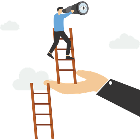 Businessman climbing up to top of broken ladder with huge helping hand  Illustration