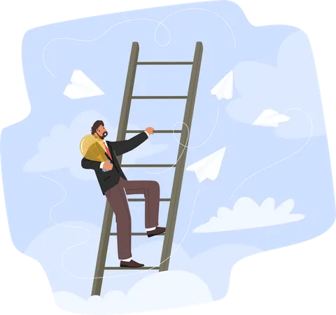 Businessman Character With Light Bulb In Hands Climb Ladder To Achieve Goal Man With Creative Idea Ascend By Stairs To Success Dream Project Development Cartoon People Vector Illustration Illustration