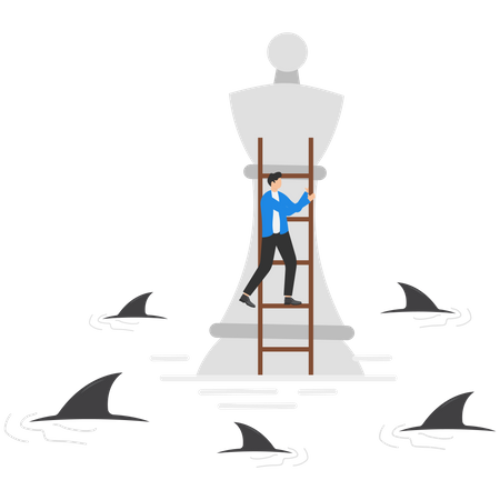 Businessman climbs chess piece to survive in crisis situation and surrounded by shark  Illustration