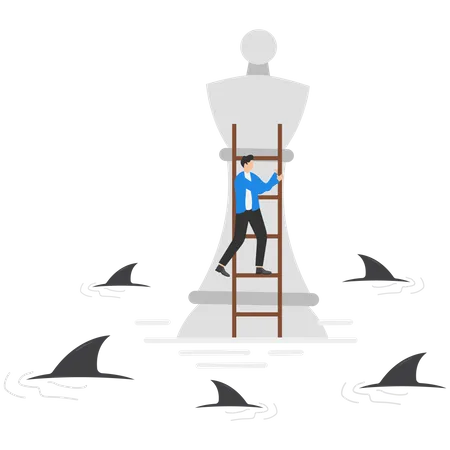 Businessman climbs chess piece to survive in crisis situation and surrounded by shark  Illustration