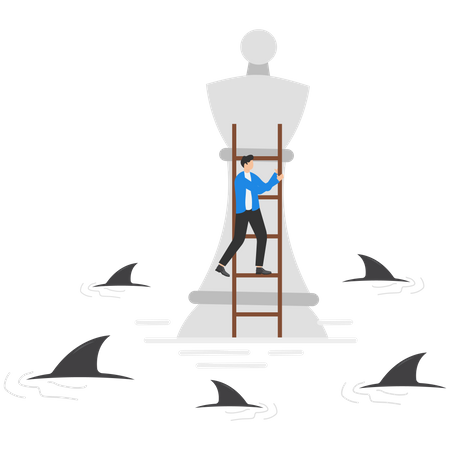 Businessman climbs chess piece to survive in crisis situation and surrounded by shark  Illustration