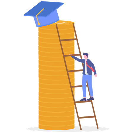 Businessman climbs ladder to achieve graduation hat  Illustration