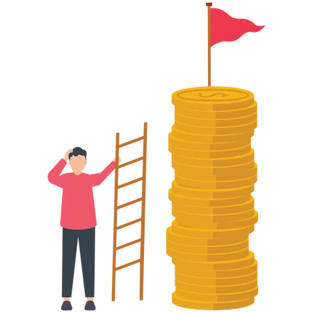 Businessman climbs ladder to get flag atop high pile of coins  Illustration