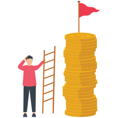 Businessman climbs ladder to get flag atop high pile of coins  Illustration