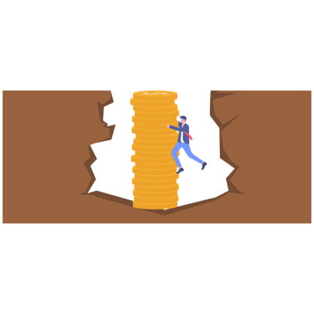 Businessman climbs ladder to get flag on tall pile of coins  Illustration