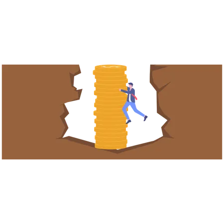 Businessman climbs ladder to get flag on tall pile of coins  Illustration