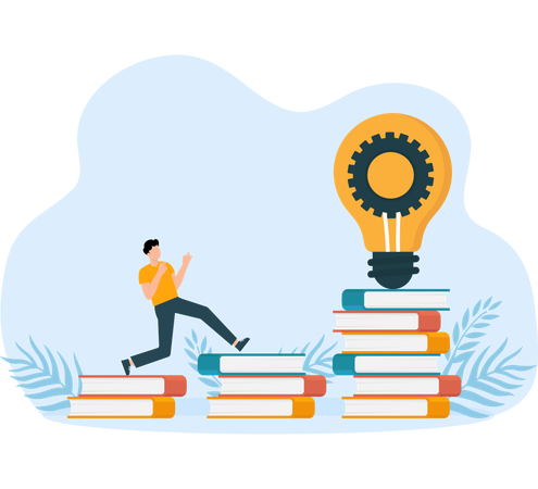 Businessman climbs on a stack of books to knowledge  Illustration