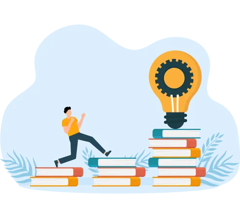 Businessman climbs on a stack of books to knowledge  Illustration