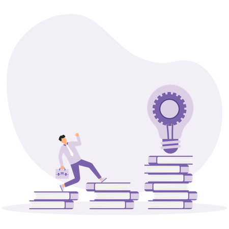 Businessman climbs on stack of books to gain knowledge  Illustration