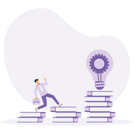 Businessman climbs on stack of books to gain knowledge  Illustration