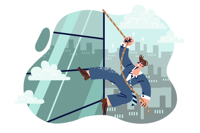 Businessman climbs skyscraper using rope  일러스트레이션