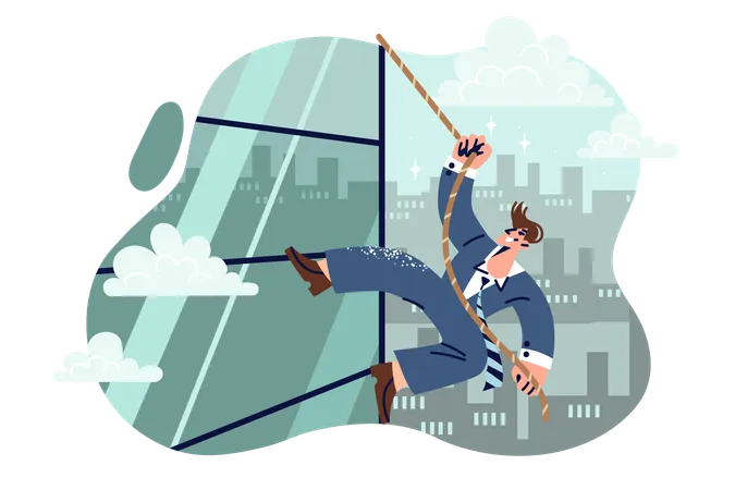 Business Man Climbs Skyscraper Using Rope Wanting To Quickly Climb Career Ladder And Achieve Leadership Ambitious Guy Takes Risks To Get New Position And Leadership Among Colleagues Illustration