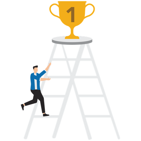 Businessman climbs small ladder diligently to reach the championship trophy  Illustration