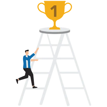 Businessman climbs small ladder diligently to reach the championship trophy  Illustration