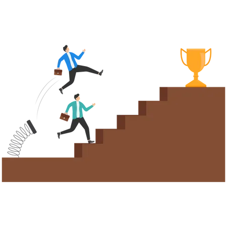 A Businessman Uses Spring To Jump Over The Stairs To The Top While Another Businessman Climbs Step By Step Career Boost And Promotion Symbol Illustration