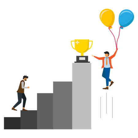 Businessman climbs the hurdles and other businessman fly in balloons to get trophies  Illustration