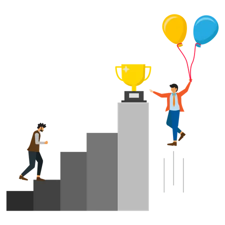 Businessman climbs the hurdles and other businessman fly in balloons to get trophies  Illustration
