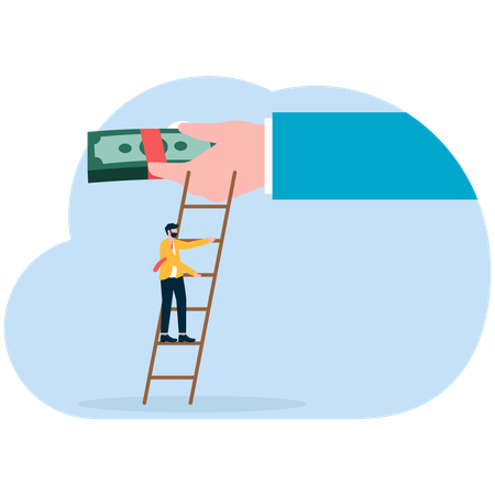 Businessman climbs the ladder to pick up money held in the hands of giants  Illustration