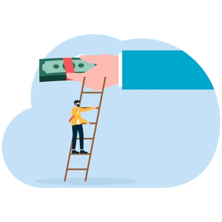 Businessman climbs the ladder to pick up money held in the hands of giants  Illustration