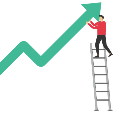 Businessman climbs the stairs pushing the graph higher  Illustration