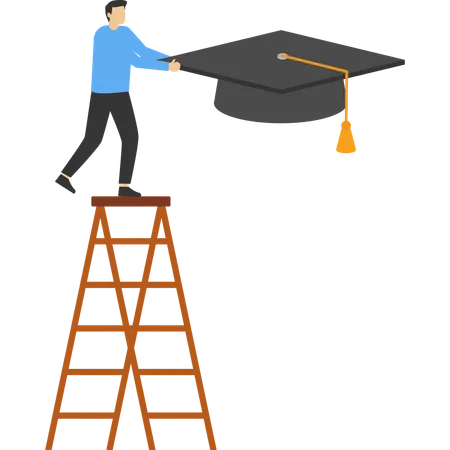 Businessman climbs up and grabs high graduation cap  Illustration