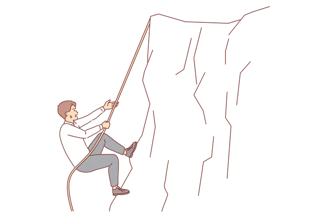 Business Man Climbs Up Cliff Taking On Difficult Challenge On Career Path And Does Not Stop Trying To Achieve Goal Challenge For Employee Tired But Moves Forward Thanks To Ambition And Motivation Illustration