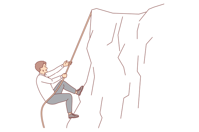 Businessman climbs up cliff taking on difficult challenge does not stop trying to achieve goal  Illustration