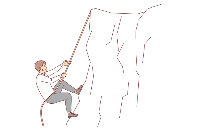 Businessman climbs up cliff taking on difficult challenge does not stop trying to achieve goal  Illustration