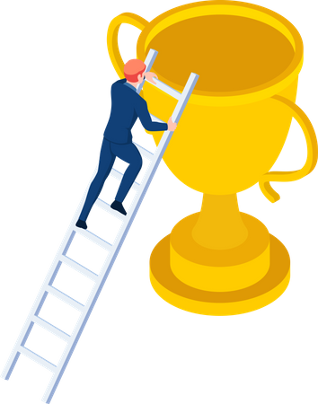 Businessman Climbs Up Ladder To The Trophy Illustration