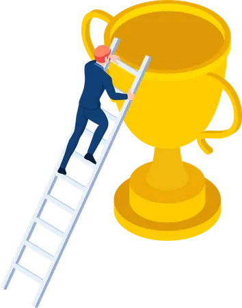 Flat 3 D Isometric Businessman Climbs Up Ladder To The Trophy Business Success And Career Ladder Concept Illustration