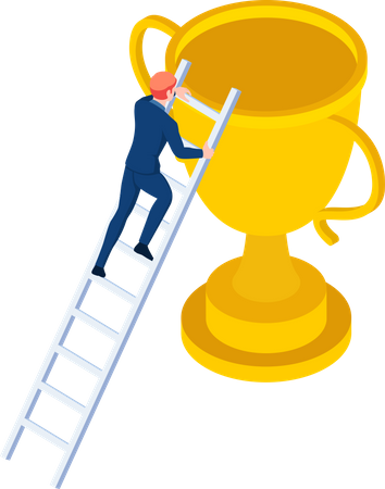 Businessman Climbs Up Ladder To The Trophy  Illustration