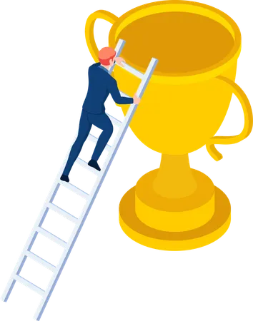 Businessman Climbs Up Ladder To The Trophy  Illustration