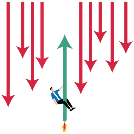 Businessman clinging to up arrow among down arrows around  Illustration