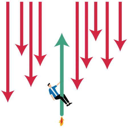 Businessman clinging to up arrow among down arrows around  Illustration