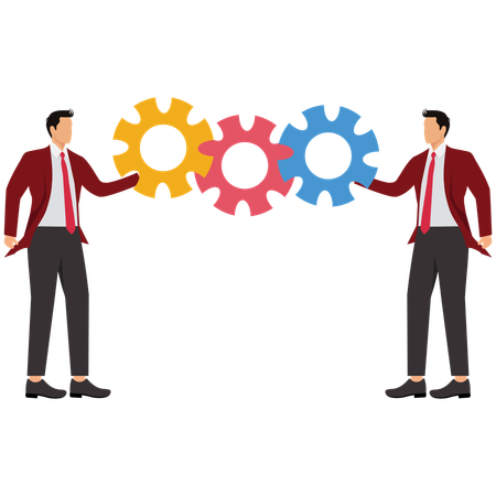 Businessman Colleagues Help Connect Cogwheel Gear Together  Illustration