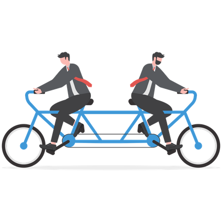 Businessman colleagues trying hard riding bicycle in opposite direction  イラスト