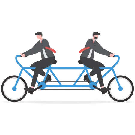 Businessman colleagues trying hard riding bicycle in opposite direction  Illustration
