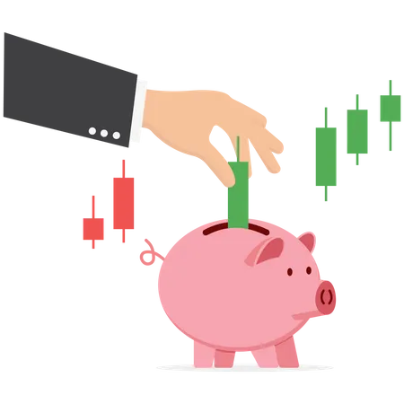 Businessman collect profits from green candlesticks in a piggy bank  Illustration