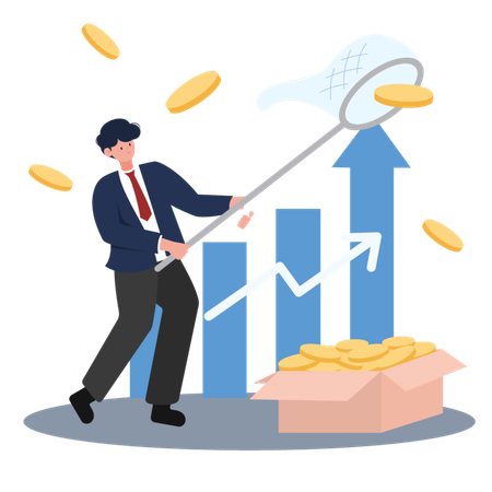 Businessman collecting coins with a net  Illustration