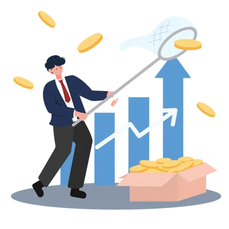 Vector Illustration Of A Businessman Collecting Coins With A Net Symbolizing Financial Growth And Success Ideal For Business Presentations Financial Reports And Investment Visuals Illustration
