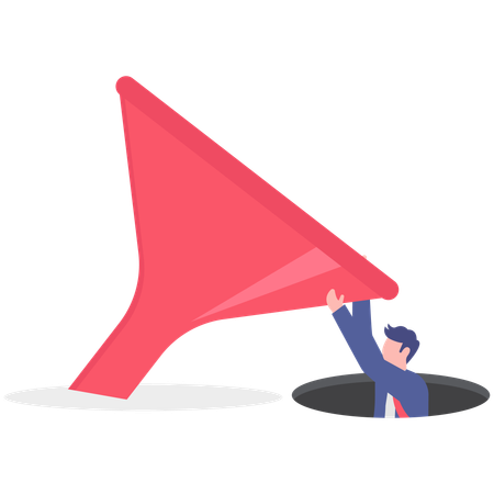 Businessman come out from hole while filtering data  Illustration