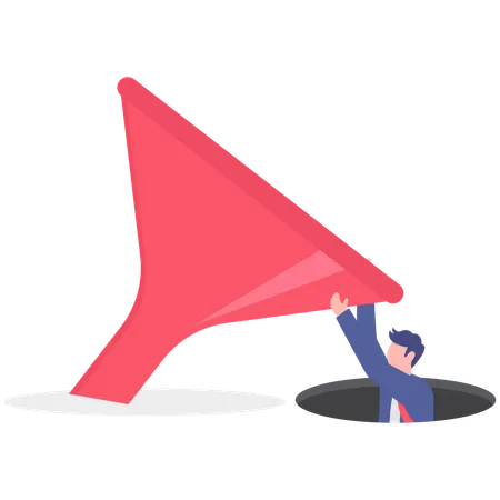 Businessman come out from hole while filtering data  Illustration